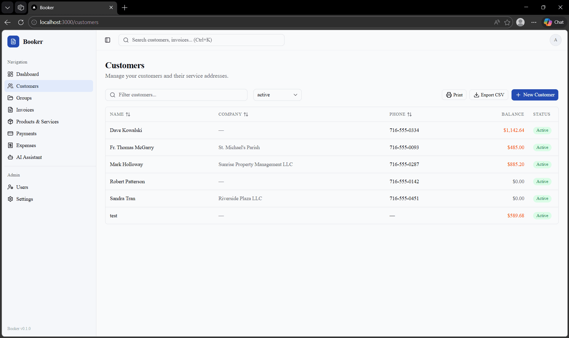 Booker customers table showing customer names, companies, phone numbers, outstanding balances, and active status with filtering and export options