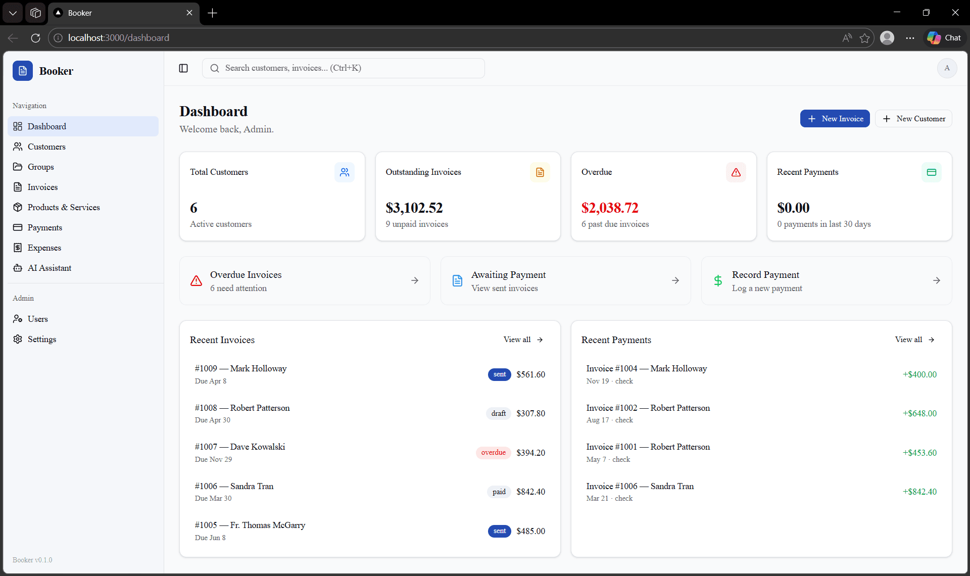 Booker dashboard showing summary cards for total customers, outstanding invoices, overdue amounts, and recent payments alongside recent invoice and payment lists