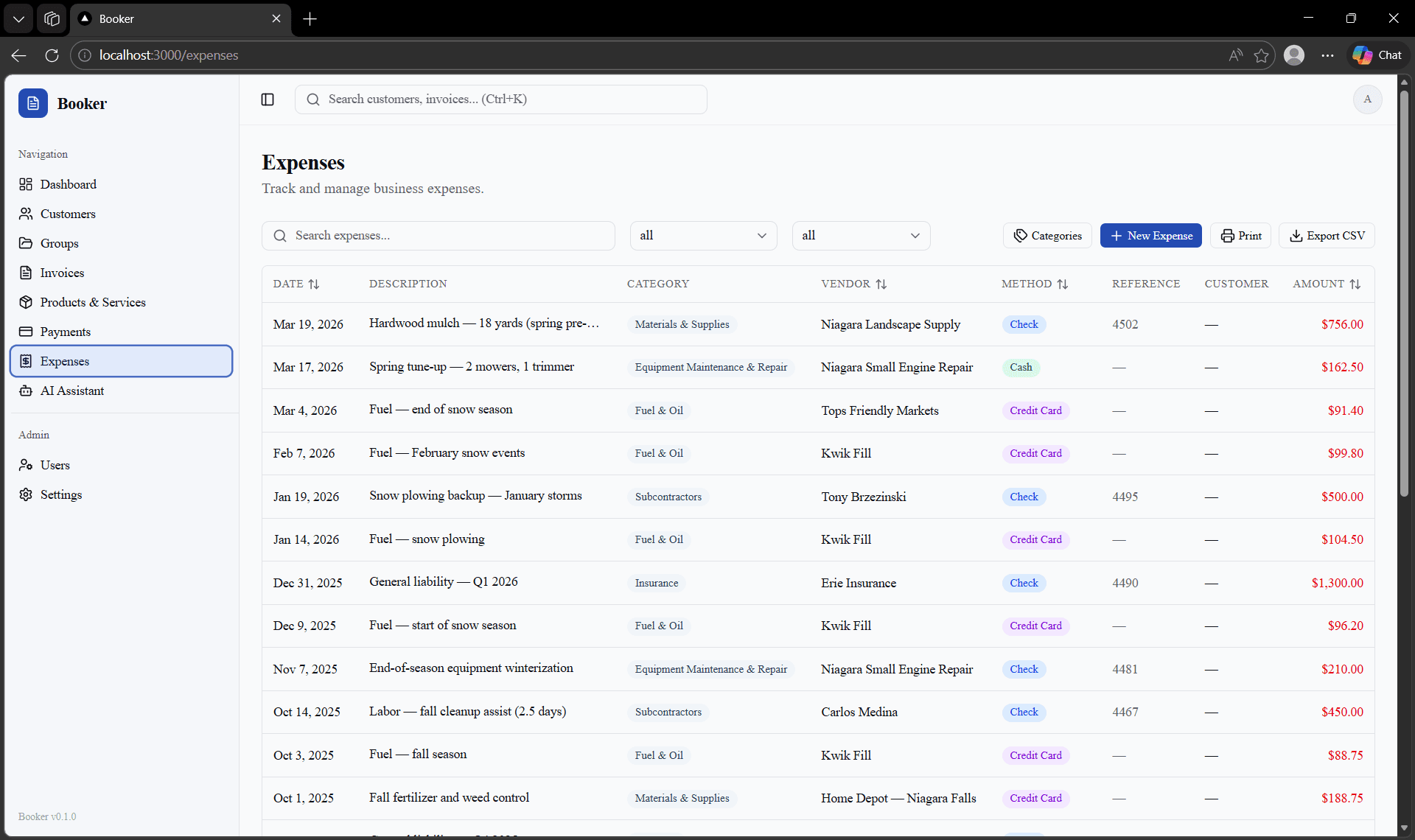 Booker expenses view showing categorized business expenses with vendor, payment method, reference numbers, and customer assignment columns