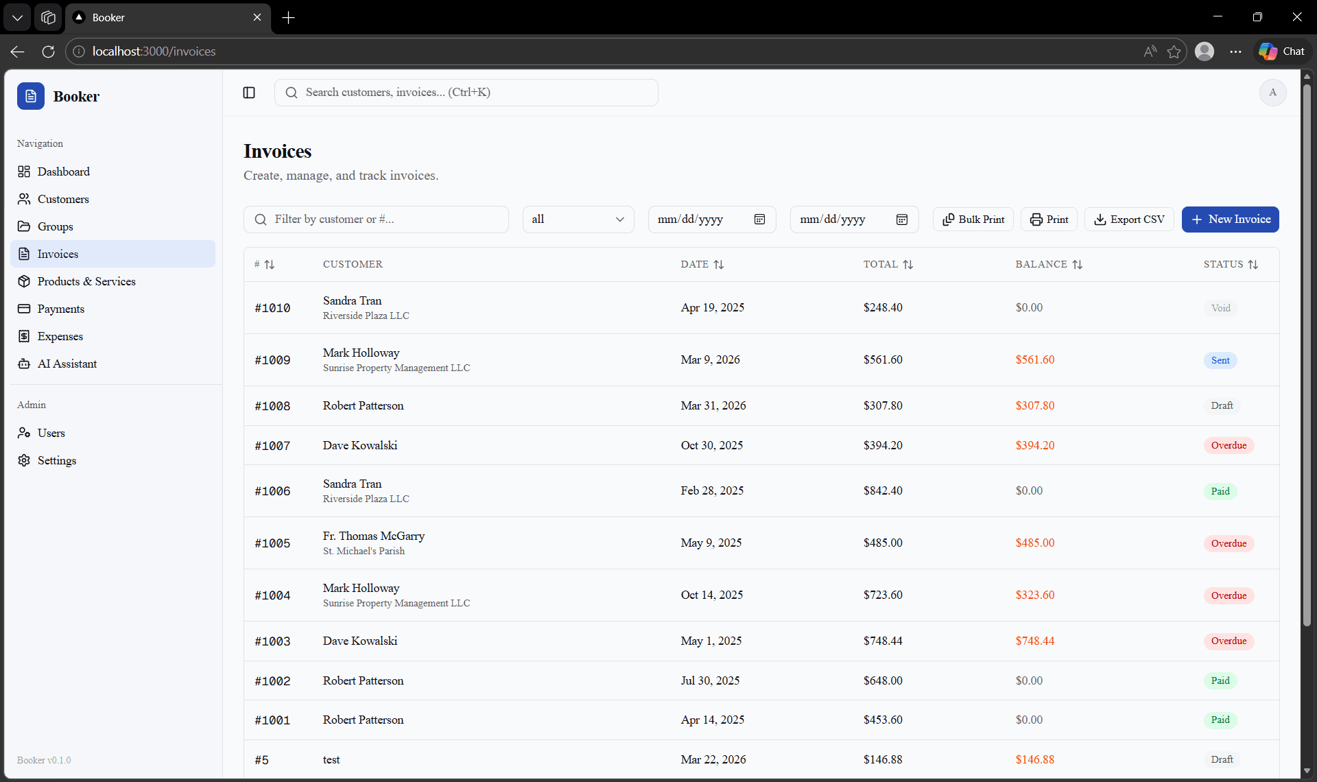 Booker invoices list with sortable columns, status badges, balance tracking, filtering by customer and date range, and bulk print and export options