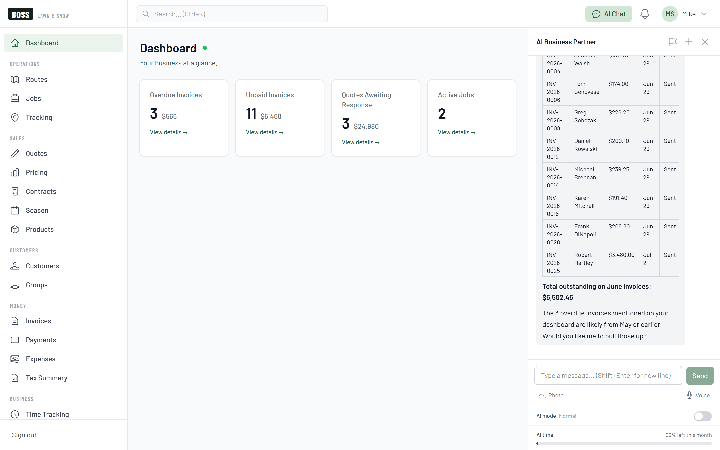 Boss AI Business Partner panel answering a question with a table of overdue invoices and a running outstanding total, then offering to send reminders
