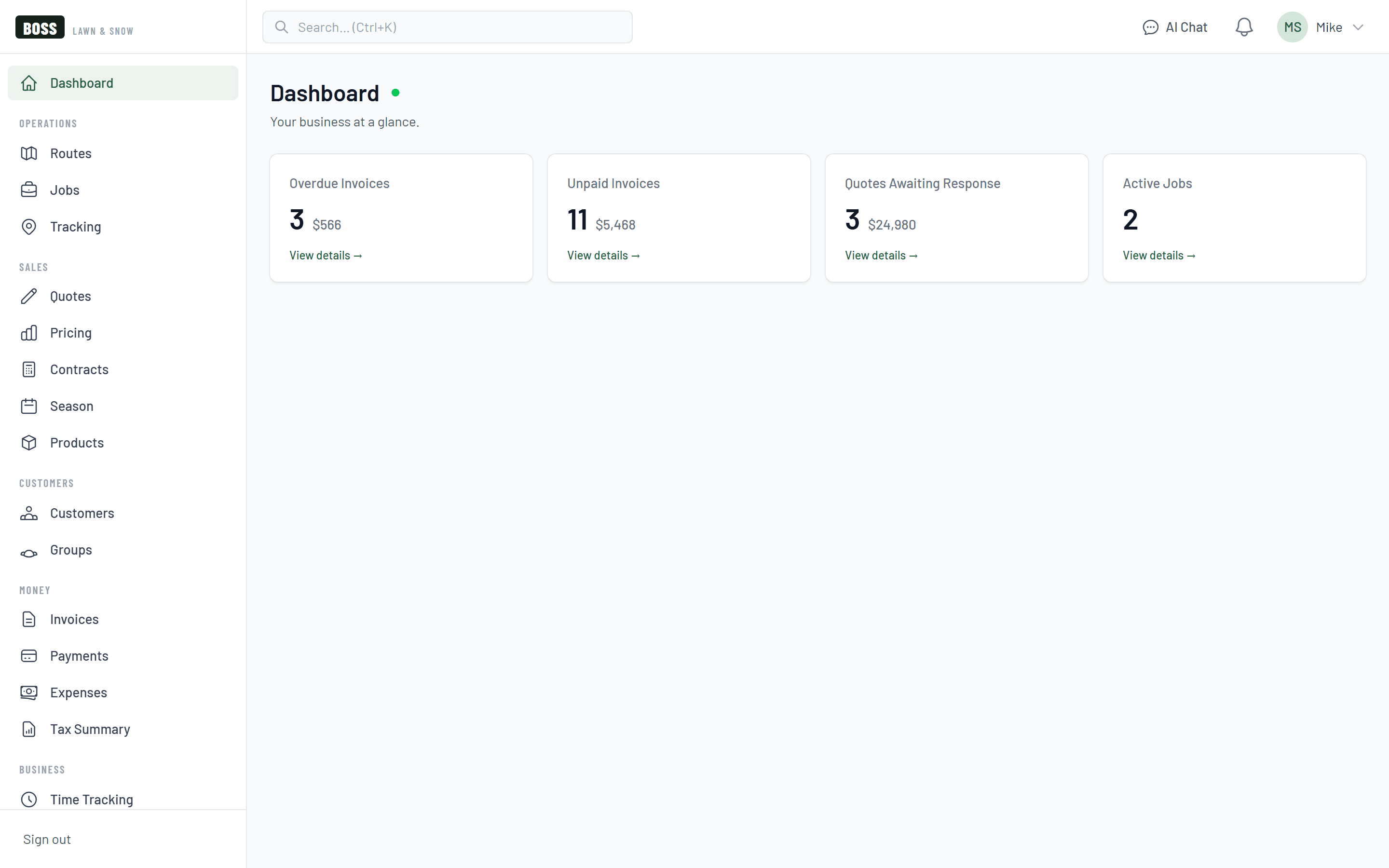 Boss owner dashboard showing at-a-glance cards for overdue invoices, unpaid invoices, quotes awaiting a response, and active jobs, each with a count and dollar total