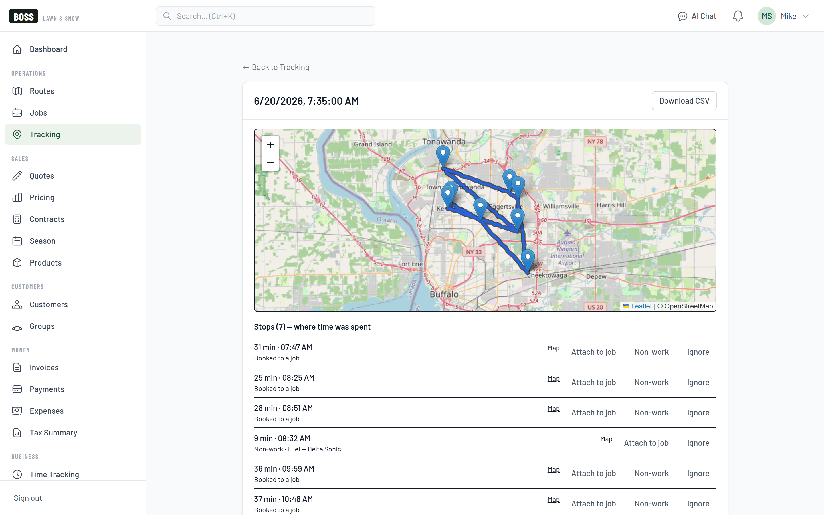 Boss GPS trip map showing one truck’s route for the day drawn on a map, with a list of on-site stops and how long the truck spent at each