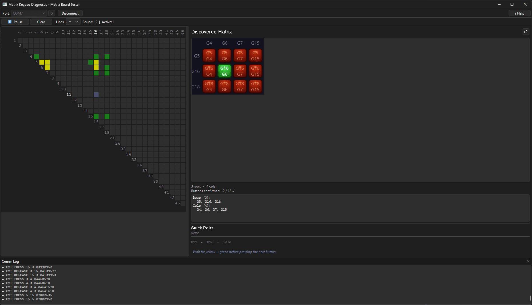 Auto-learning Matrix Tester with fully learned matrix showing complete pinout mapping and ready for testing