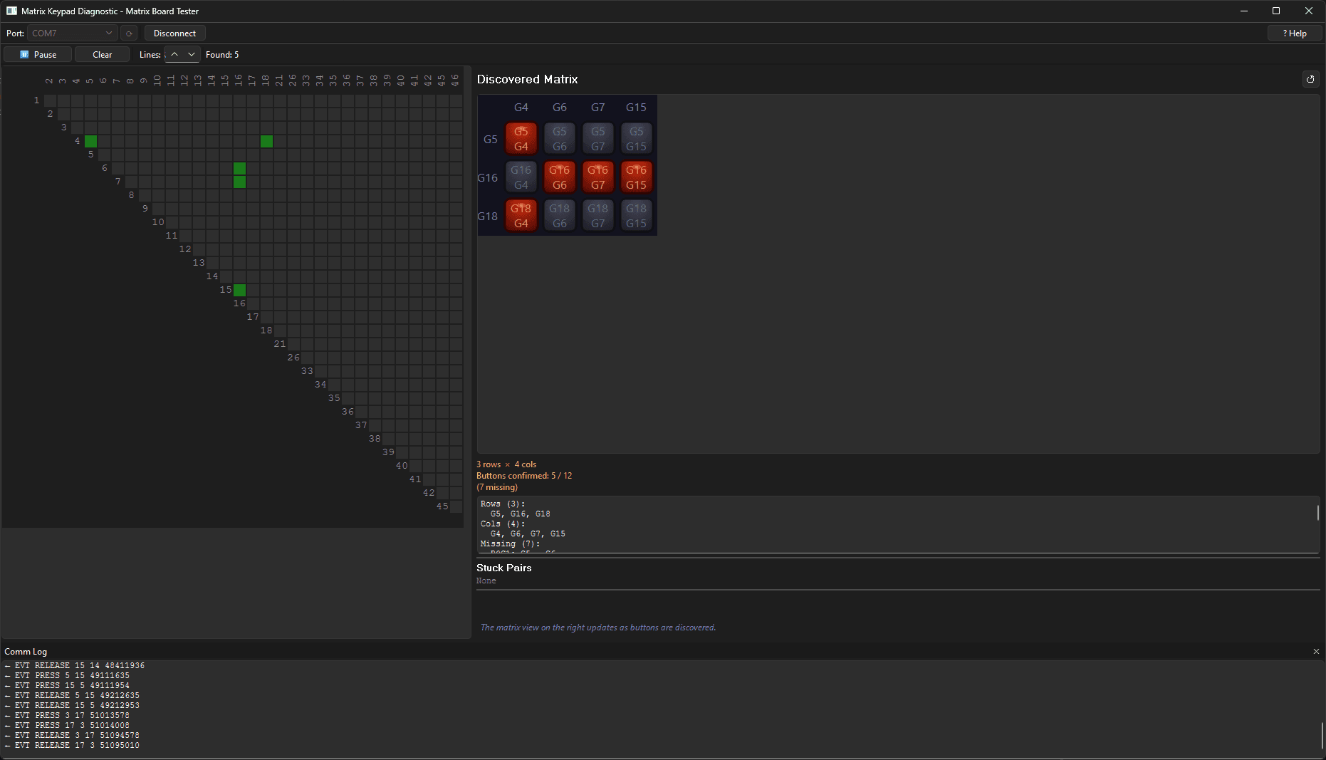 Auto-learning Matrix Tester during the learning process showing partial matrix discovery with detected key mappings
