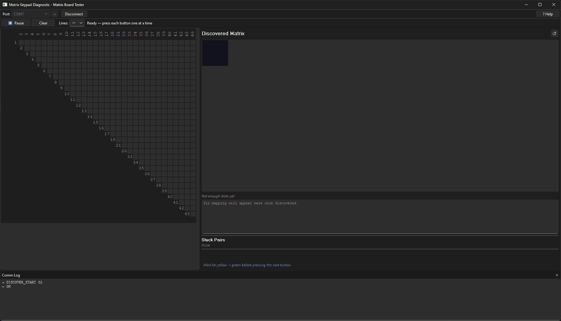 Auto-learning Matrix Tester startup screen showing connection instructions and learning mode setup