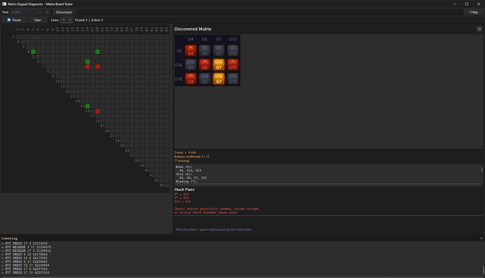 Auto-learning Matrix Tester showing stuck key detection with amber warning highlighting faulty switch