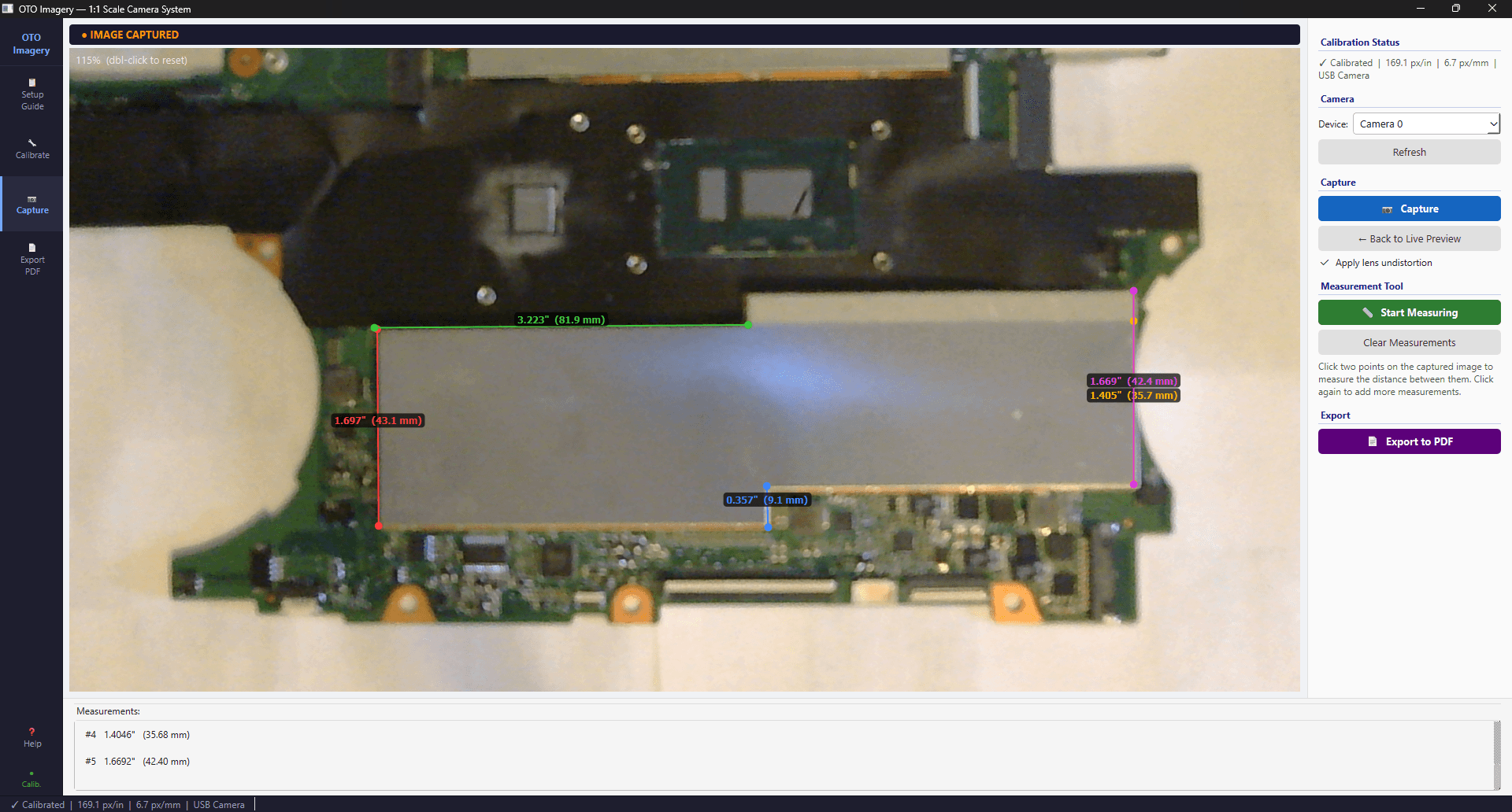 OTO Imagery capture view showing a PCB with multiple real-world measurements overlaid in inches and millimetres