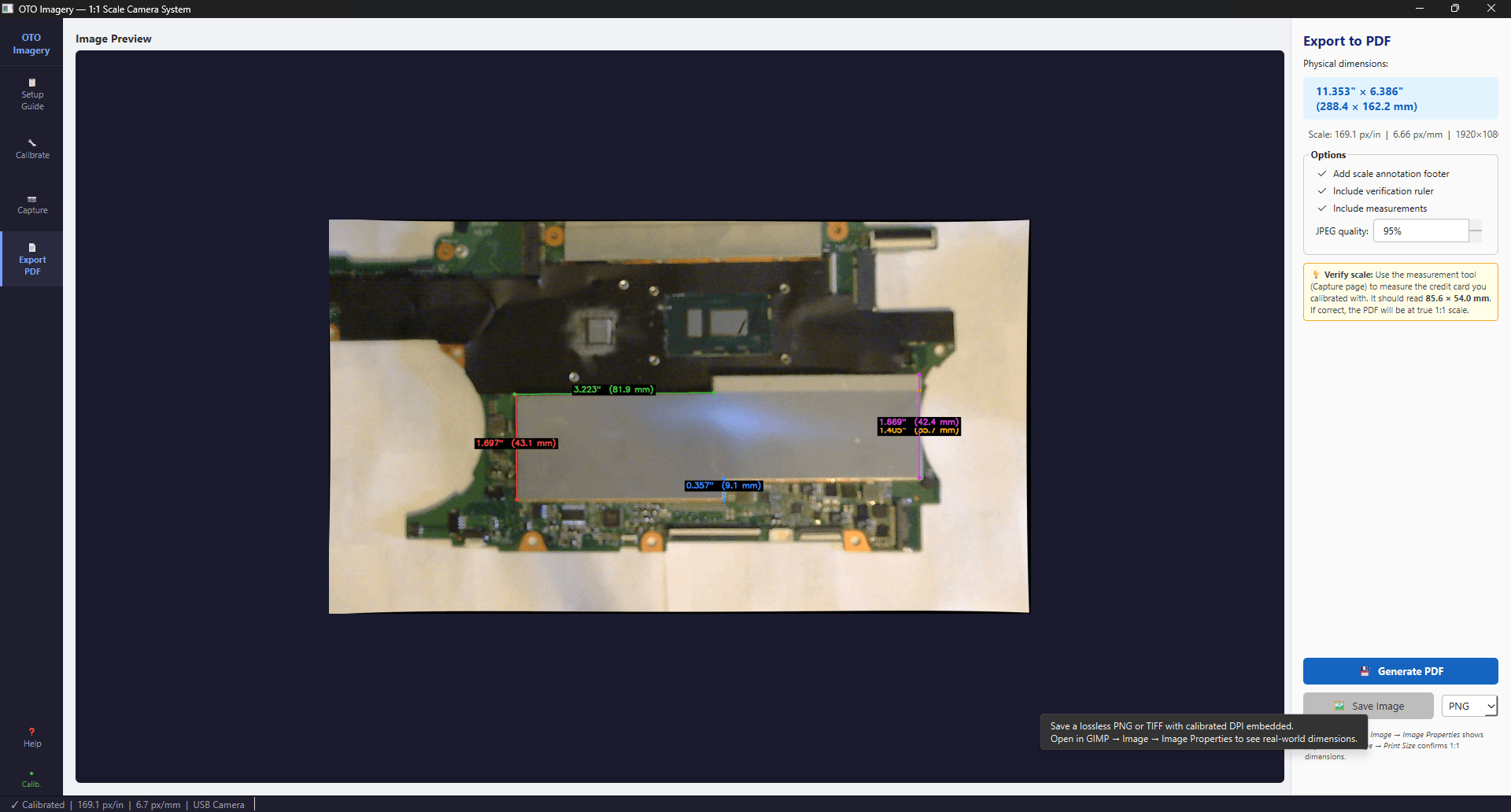 OTO Imagery Export to PDF view showing physical dimensions, scale annotation options, and Generate PDF button