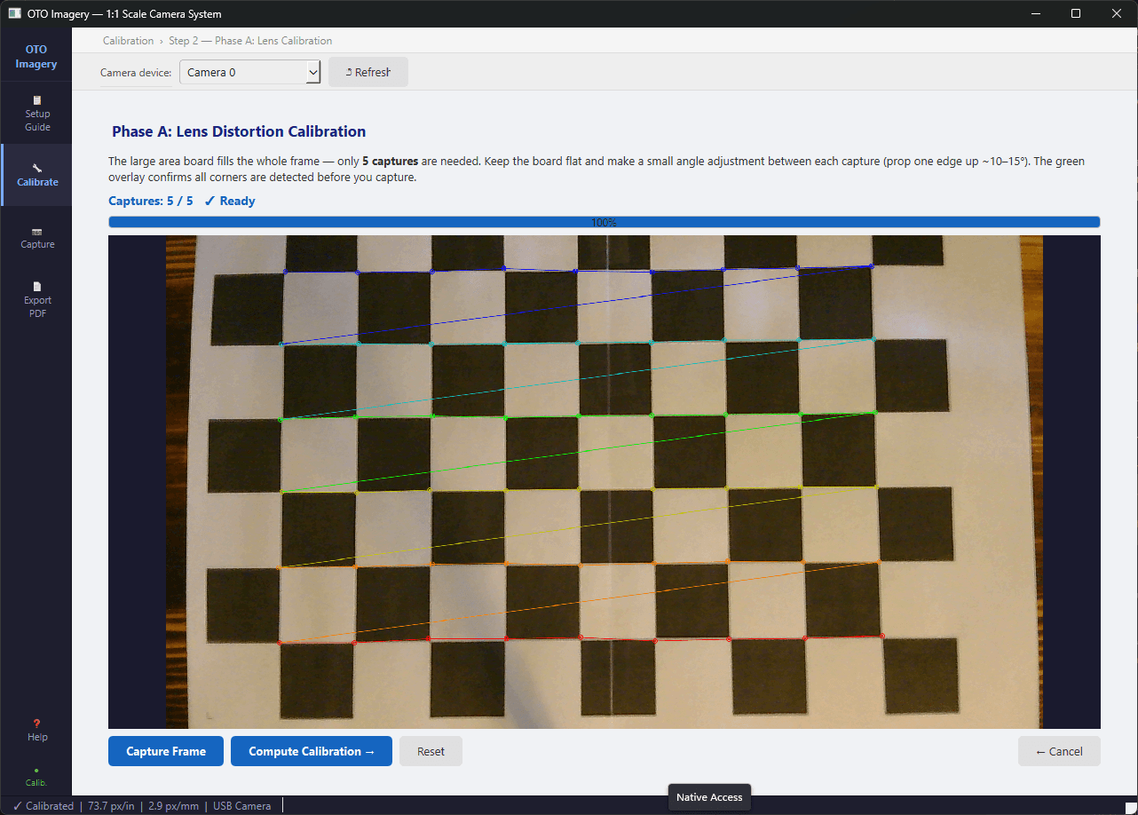 OTO Imagery Phase A lens distortion calibration with checkerboard pattern and detected corners overlay