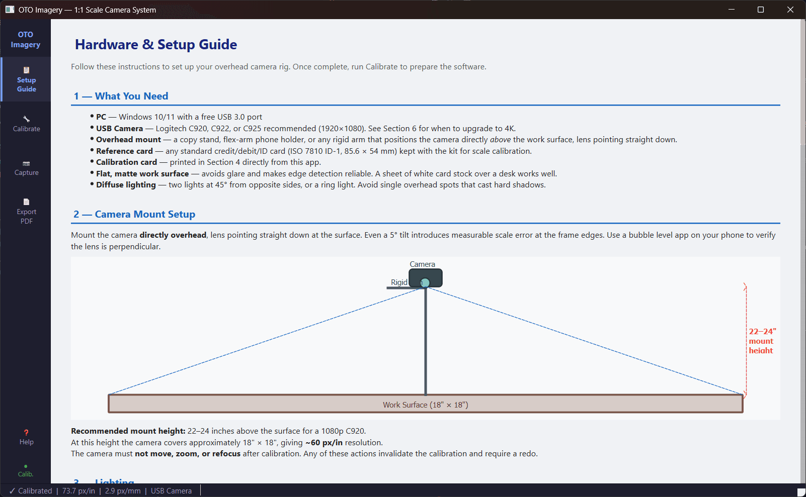 OTO Imagery application showing the Hardware & Setup Guide with camera mount diagram and requirements